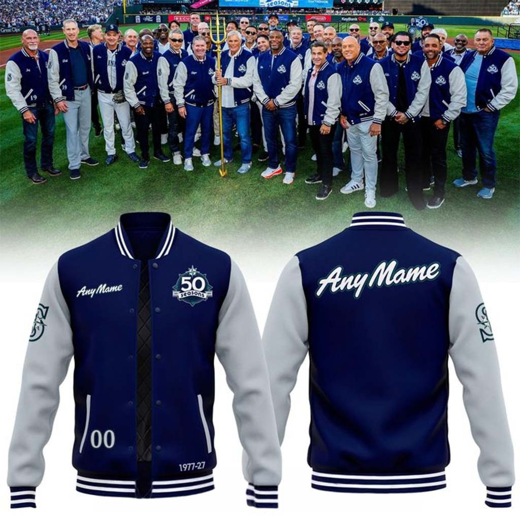 Personalized Seattle Mariners 50 Seasons 1977 27 Anniversary Varsity Jacket Mariners Merch - Kdjoy Personalized Seattle Mariners 50 Seasons 1977 27 Anniversary Varsity Jacket Mariners Merch - Kdjoy