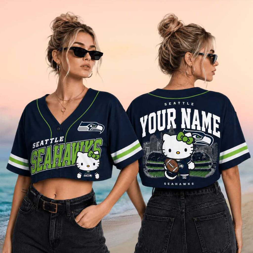 Personalized Seattle Seahawks x Hello Kitty Football Crop Baseball Jersey Seahawks Merch Gifts - Kdjoy