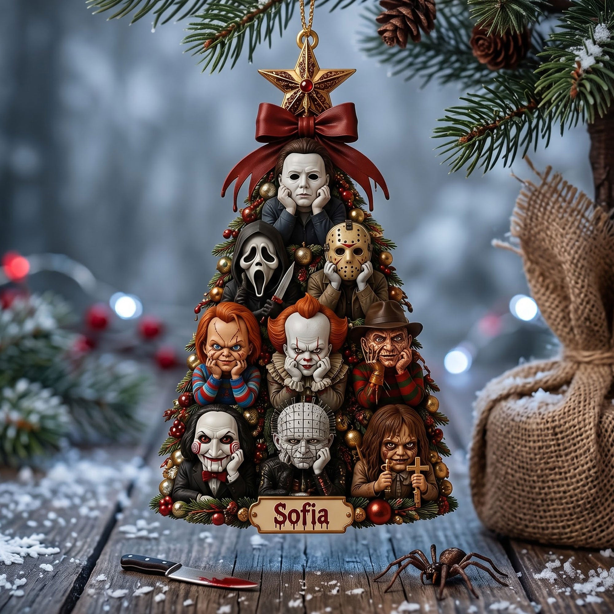 Personalized Sincerely Terror Christmas Tree Ornament Horror Movie Characters Xmas Decor - Kdjoy
