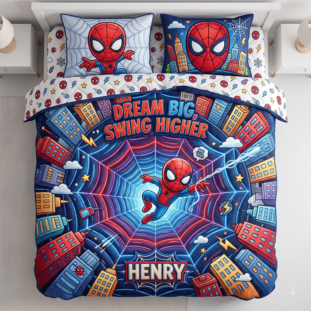 Personalized Spider Man Dream Big Swing Higher Quilt Bedding Set Masked Hero Spider Man Merch