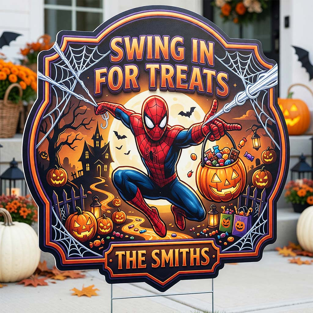Personalized Spider-Man Swing In For Treats Yard Sign Halloween Garden Decor Gift For Son - Kdjoy Personalized Spider-Man Swing In For Treats Yard Sign Halloween Garden Decor Gift For Son - Kdjoy