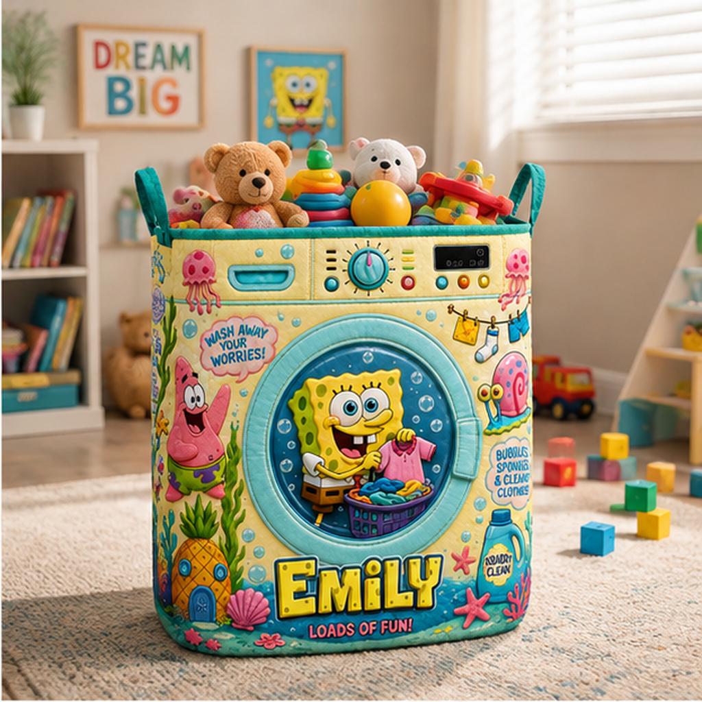 Personalized SpongeBob SquarePant Quilt Laundry Basket Ocean Friends Storage Basket Home Decor - Kdjoy