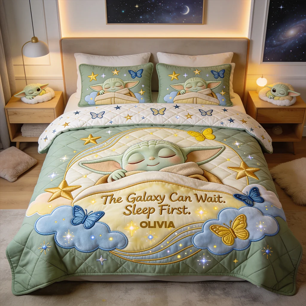 Personalized Star Wars Grogu Galaxy Quilted Bedding Set Bed Room Decoration Gift Ideas - Kdjoy