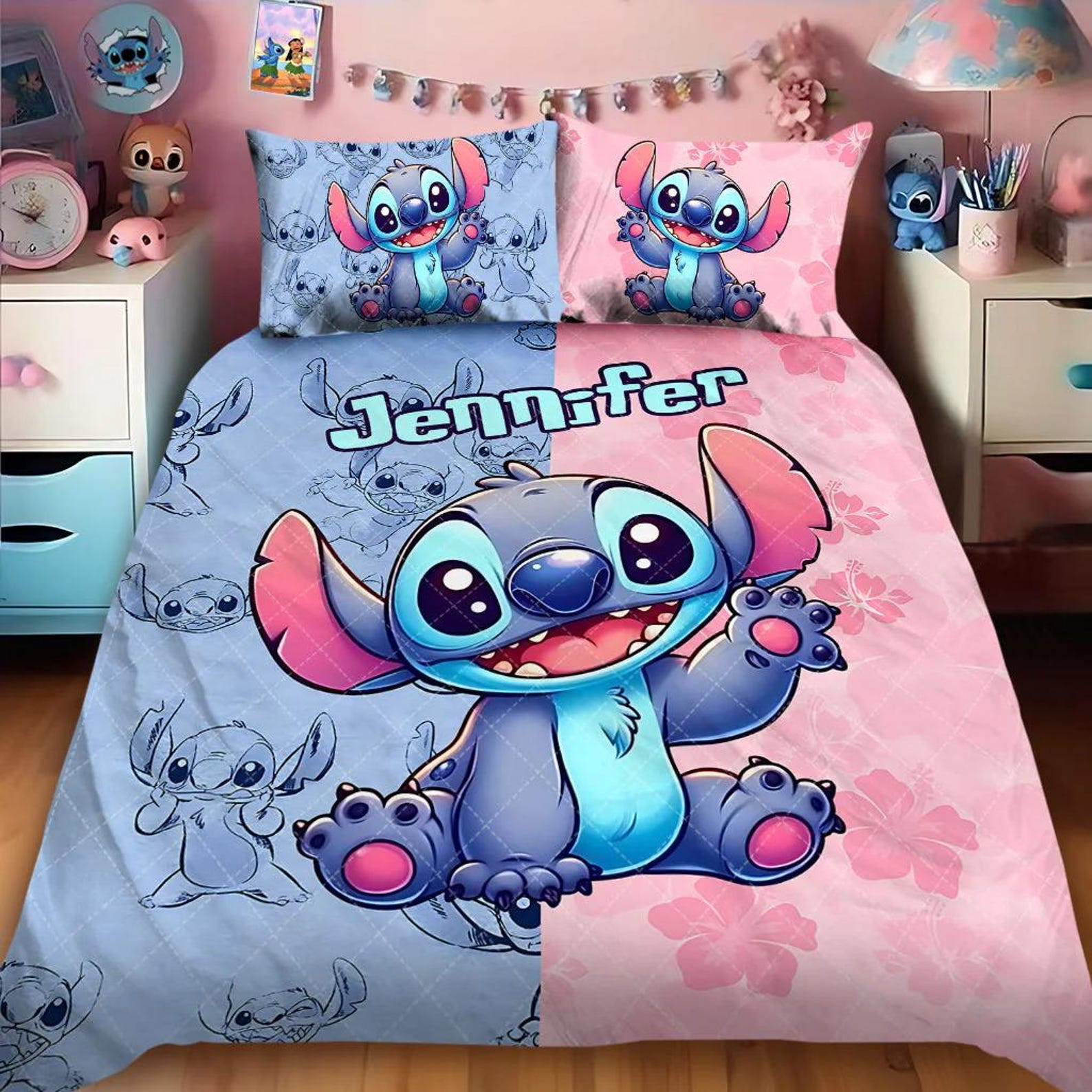 Personalized Stitch Cute Ohana Bedding Set Blue Alien Bedroom Decor Present For Sisters - Kdjoy Personalized Stitch Cute Ohana Bedding Set Blue Alien Bedroom Decor Present For Sisters - Kdjoy