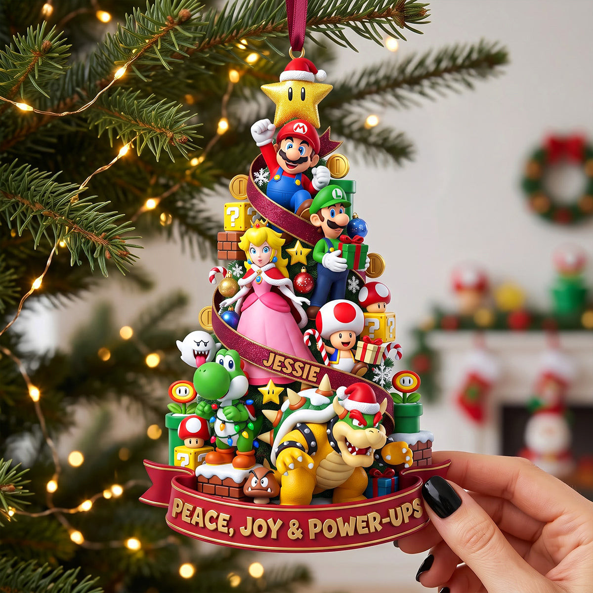 Personalized Super Mario Characters Acrylic Christmas Ornament Peace Joy And Power Ups Merch - Kdjoy
