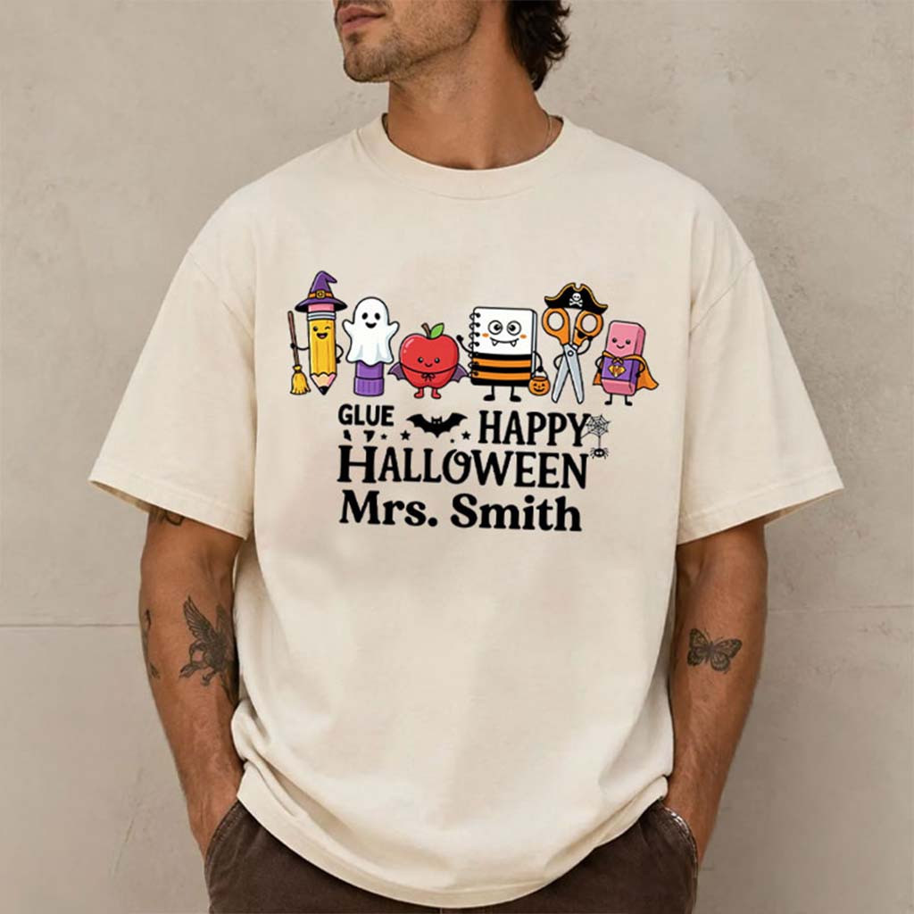 Personalized Teacher Halloween School Supplies Spooky T-Shirt Halloween Clothing Gift Ideas - Kdjoy