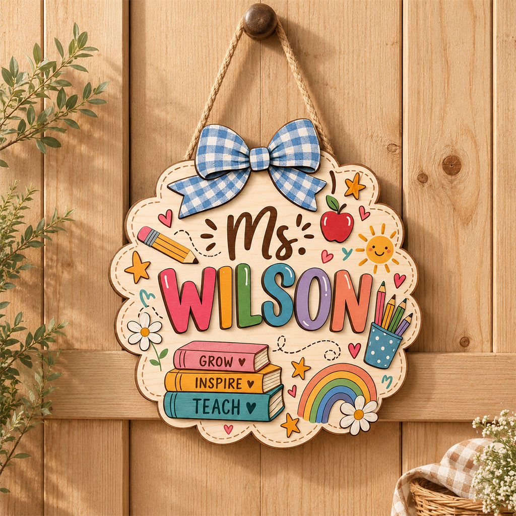 Personalized Teacher Wooden Door Sign Grow Inspire Teach Merch Classroom Decor - Kdjoy Personalized Teacher Wooden Door Sign Grow Inspire Teach Merch Classroom Decor - Kdjoy