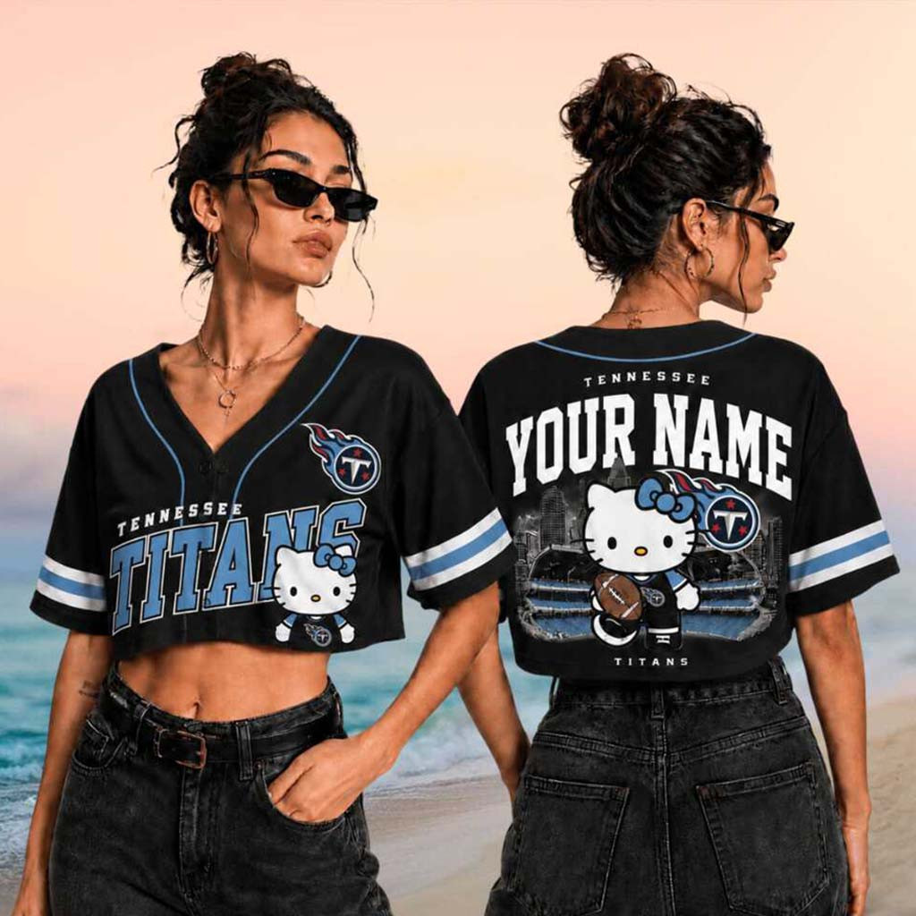 Personalized Tennessee Titans x Hello Kitty Football Crop Baseball Jersey Titans Merch Women - Kdjoy