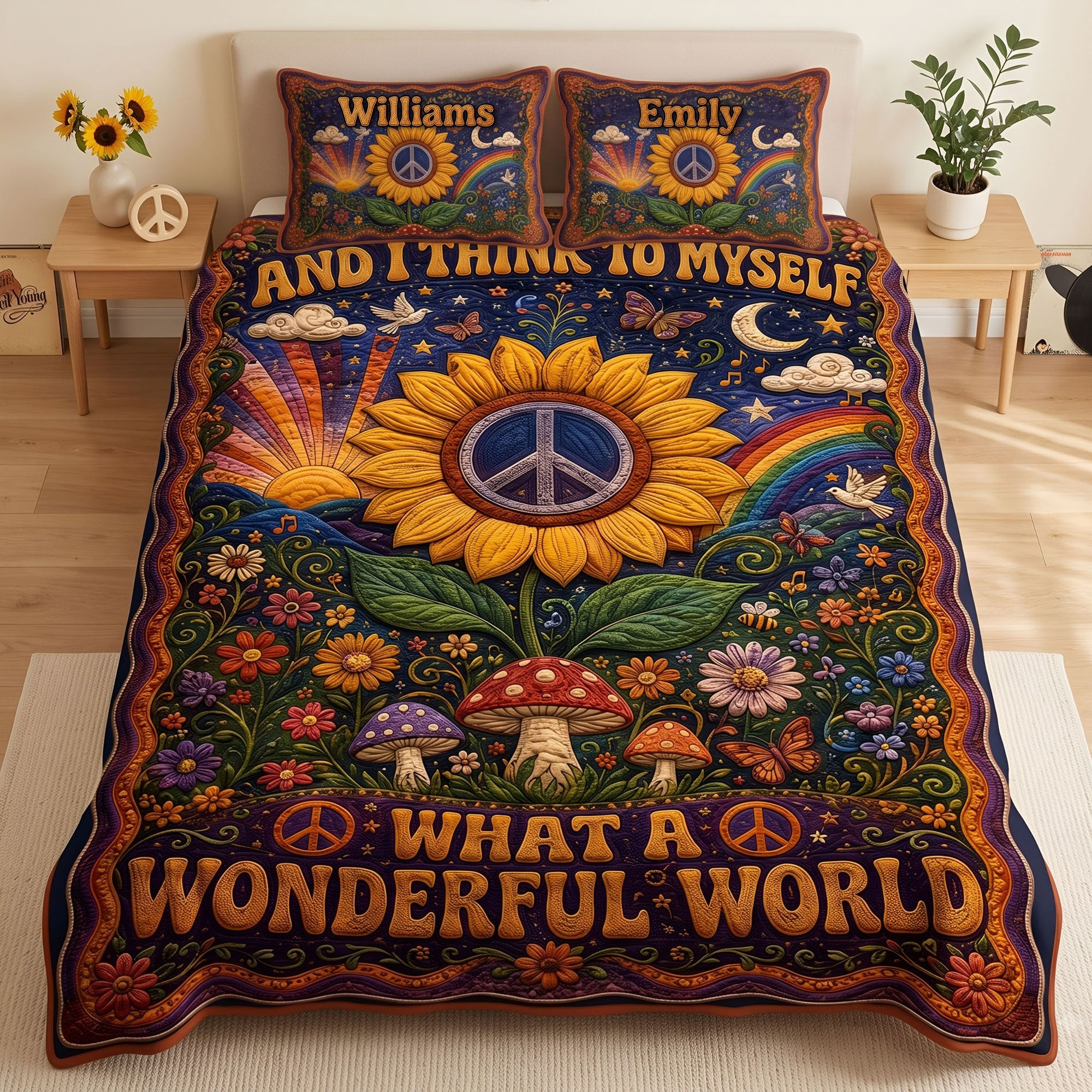 Personalized What A Wonderful World Bohemian Quilt Bed Set Bedroom Decor Gifts For Music Lovers