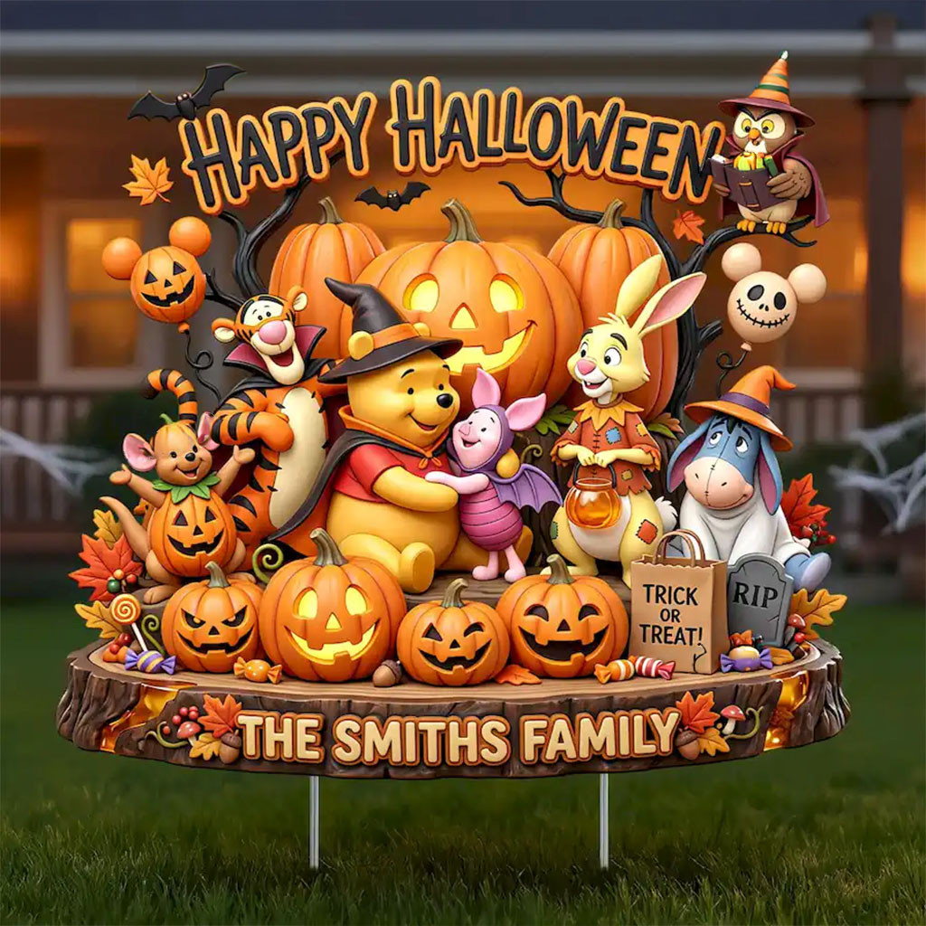 Personalized Winnie The Pooh And Friends Happy Halloween Yard Sign Trick Or Treat Garden Decor - Kdjoy