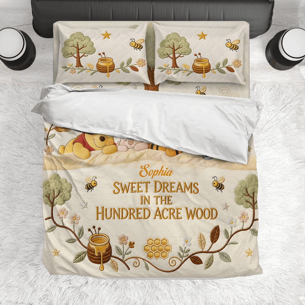 Personalized Winnie The Pooh Cute Honey Bear Bedding Set Cute Bed Decor Gift For Daughter - Kdjoy