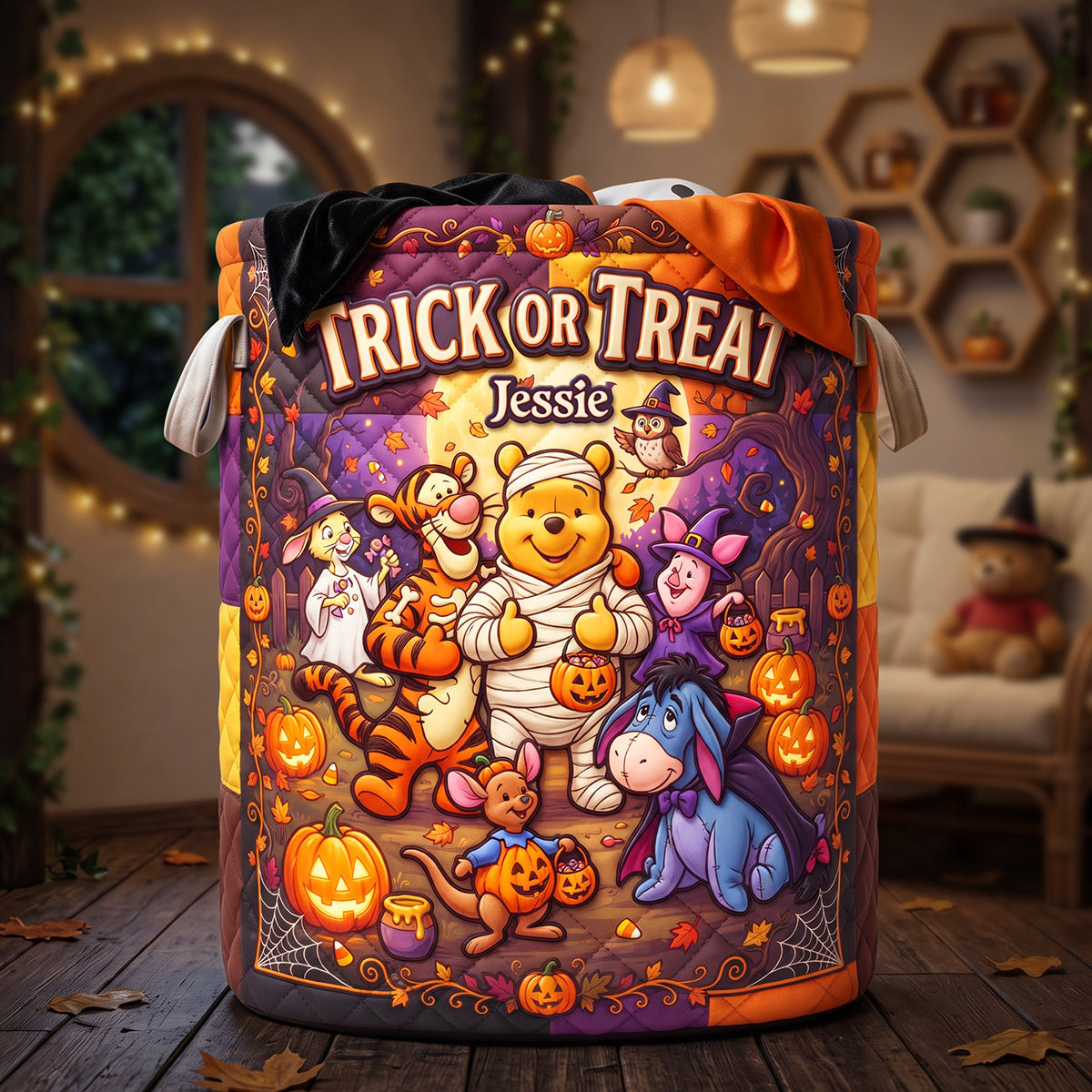 Personalized Winnie The Pooh Woodland Friend Quilted Laundry Basket Gift For Halloween - Kdjoy Personalized Winnie The Pooh Woodland Friend Quilted Laundry Basket Gift For Halloween - Kdjoy