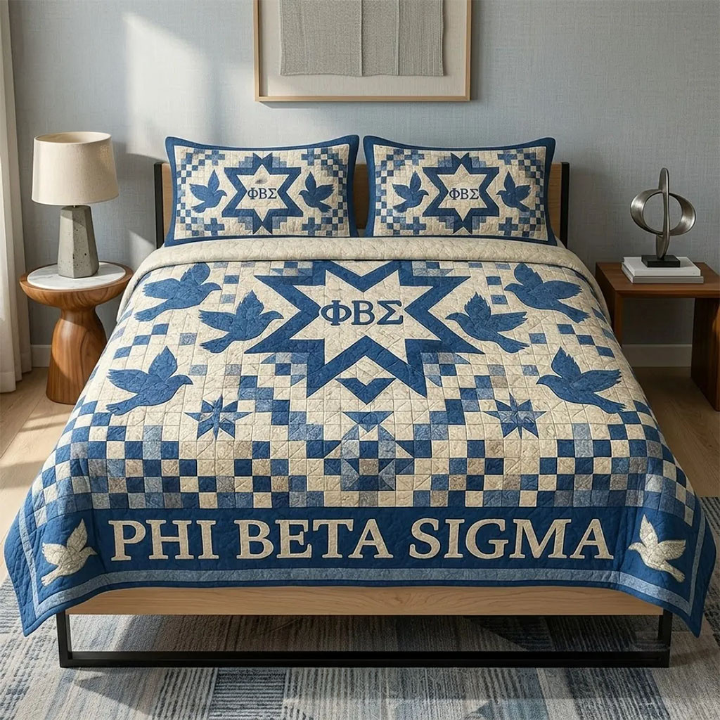 Phi Beta Sigma Blue Quilt Bedding Set Bedroom Decor Ideas PBS Fraternity Merch Dad Gifts - Kdjoy