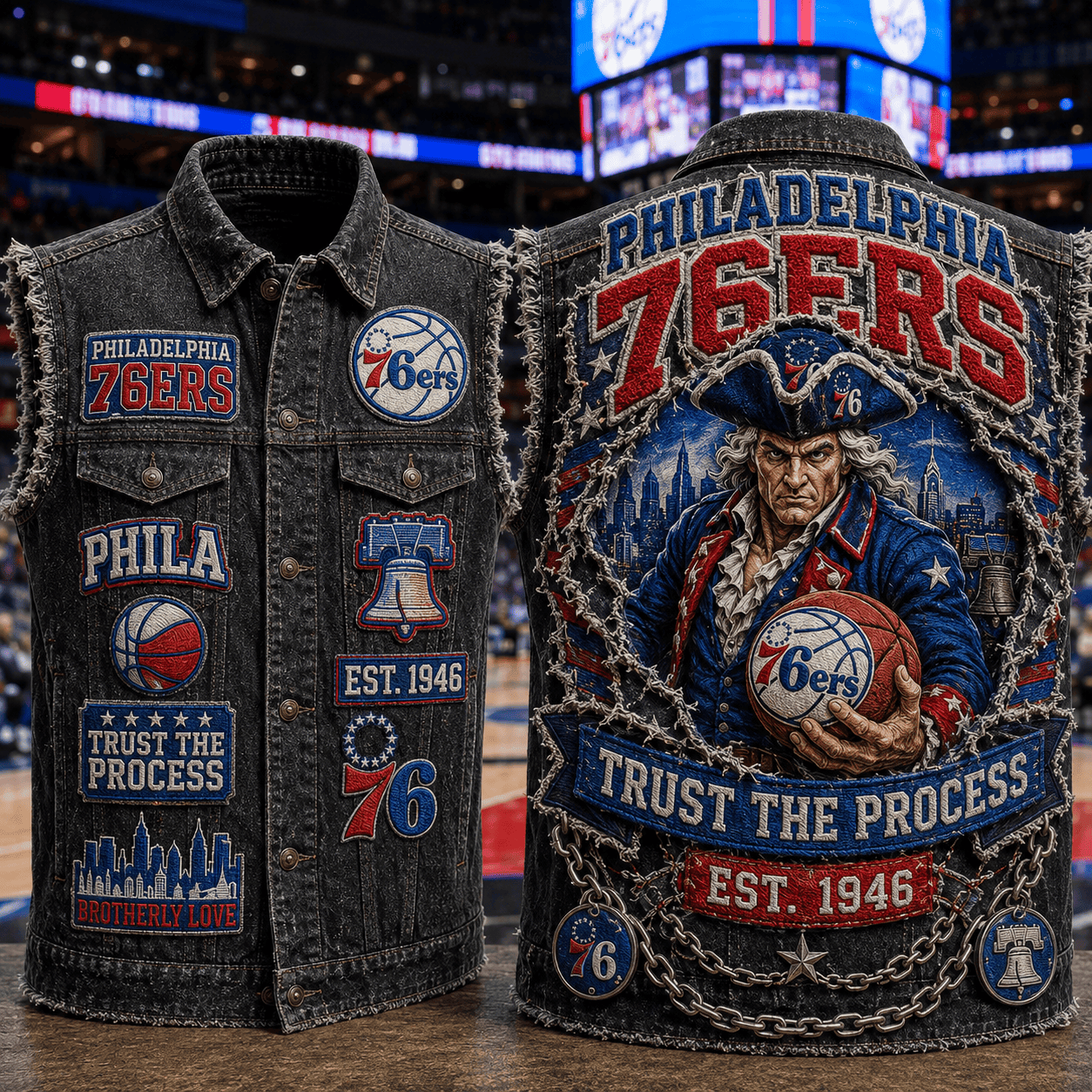 Philadelphia 76ers Trust The Process Denim Vest 76ers Merch Cool Gift For Basketball Fans - Kdjoy Philadelphia 76ers Trust The Process Denim Vest 76ers Merch Cool Gift For Basketball Fans - Kdjoy