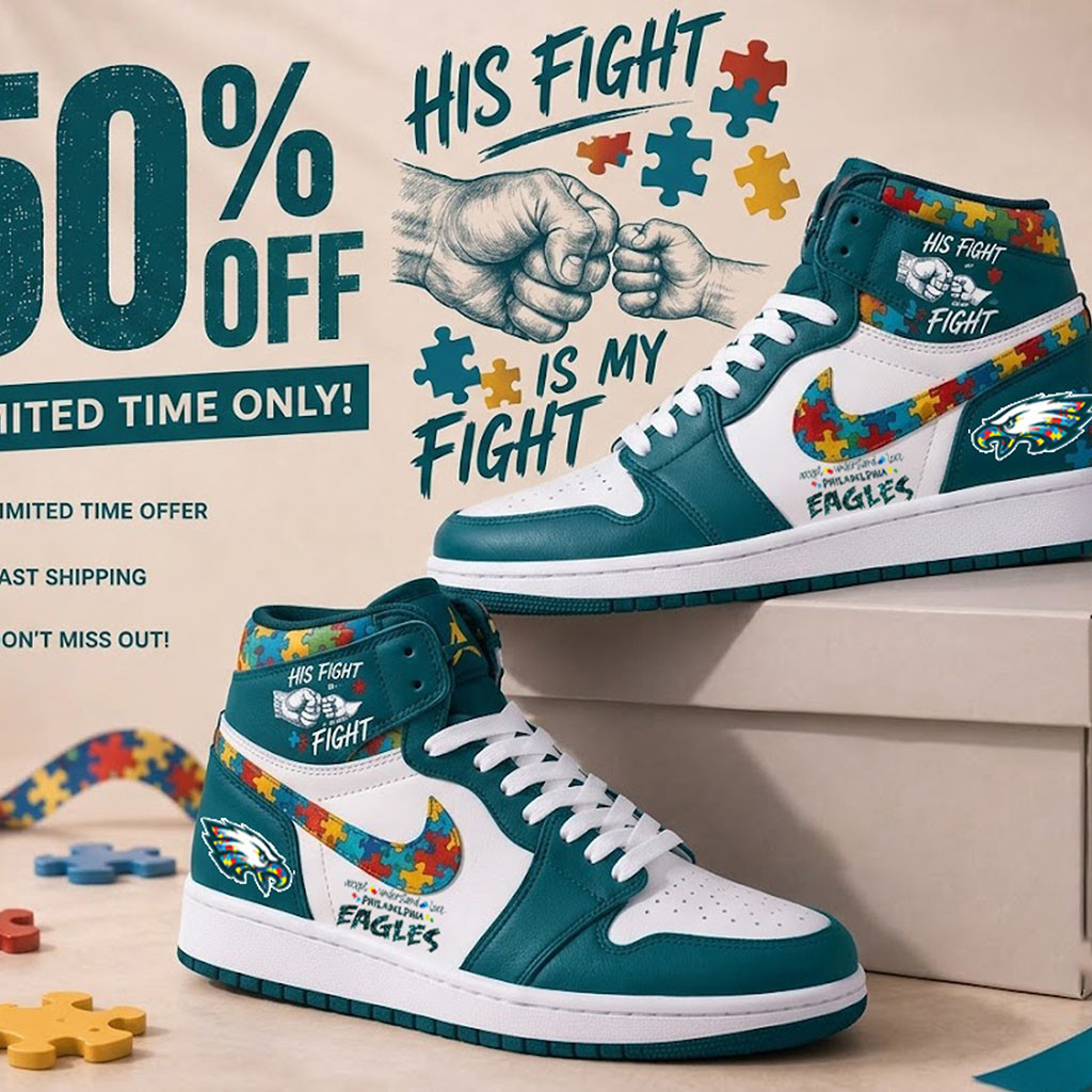 Philadelphia Eagles Autism Awareness Sneakers His Fight Is My Fight Shoes Philly Eagles Merch - Kdjoy