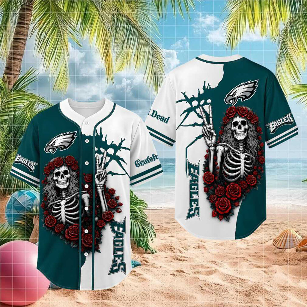 Philadelphia Eagles Grateful Dead Skull Rose Baseball Jersey Philadelphia Eagles Merch Gifts - Kdjoy