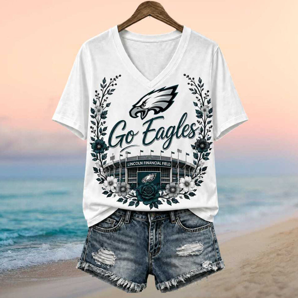 Philadelphia Eagles Lincoln Financial Field Floral V-Neck Shirt Eagles Merch Gift For Fans - Kdjoy