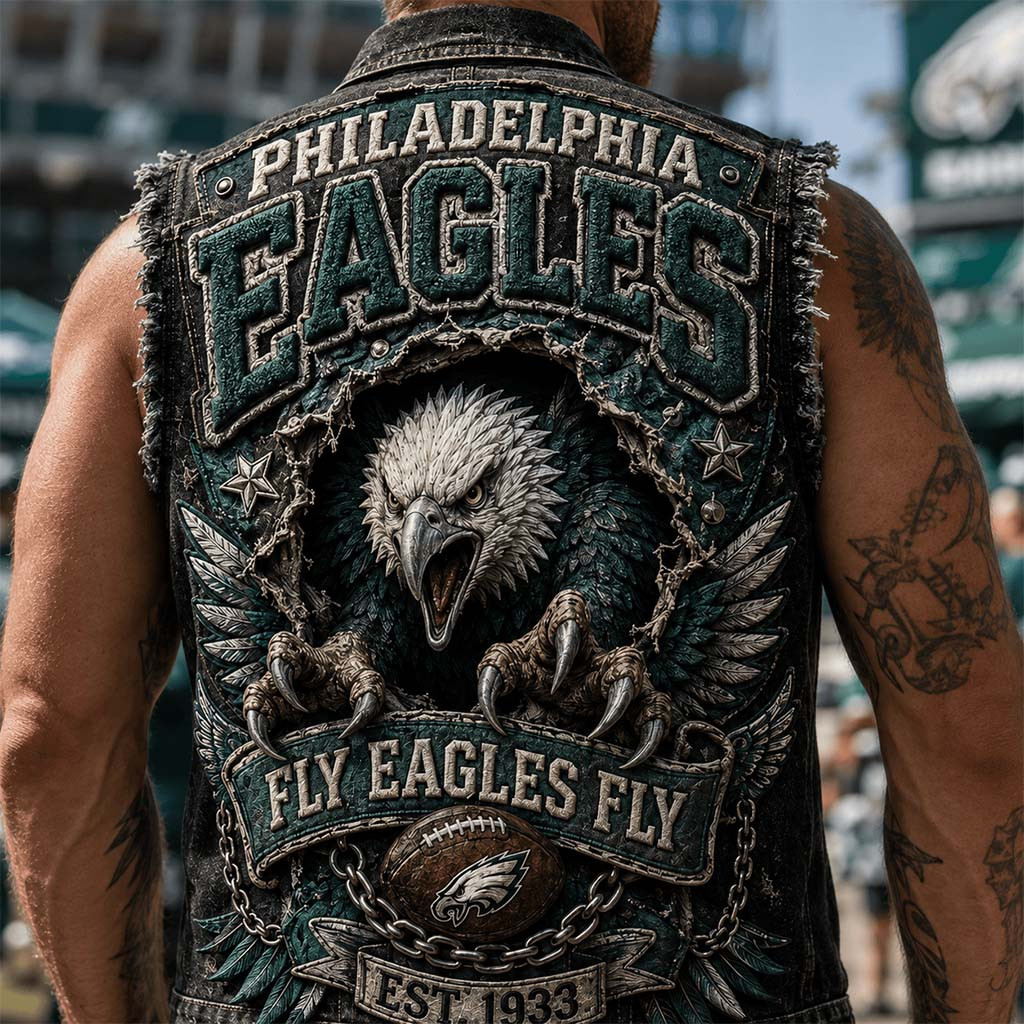Philadelphia Eagles Merch Fly Eagles Fly Est 1933 Denim Vest Football Fan Gift Ideas - Kdjoy