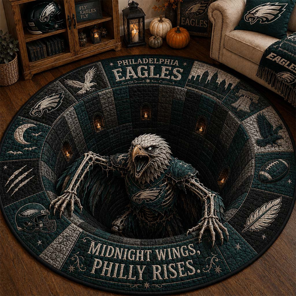 Philadelphia Eagles Merch Midnight Wings Philly Rises Quilted Round Mat Presents For Football Fans - Kdjoy Philadelphia Eagles Merch Midnight Wings Philly Rises Quilted Round Mat Presents For Football Fans - Kdjoy