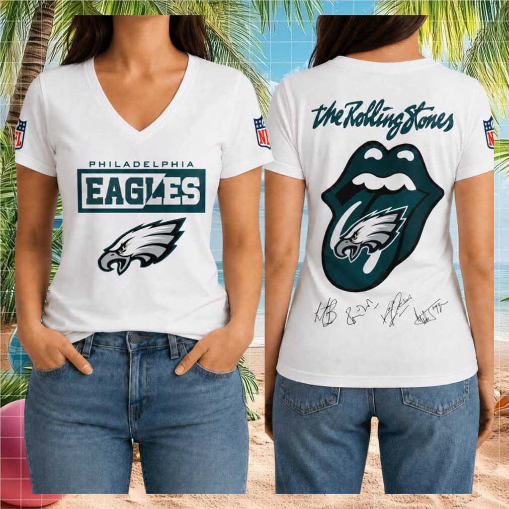 Philadelphia Eagles Rolling Stones Logo Helmet Signed V-Neck Shirt Philadelphia Eagles Merch - Kdjoy