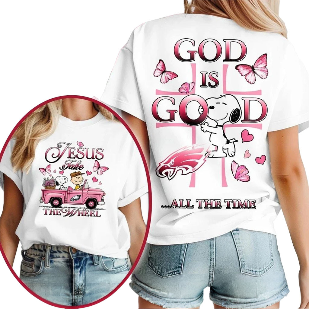 Philadelphia Eagles Snoopy Jesus Take The Wheel God Is Good Shirt Philly Eagles Merch Fan Gifts - Kdjoy