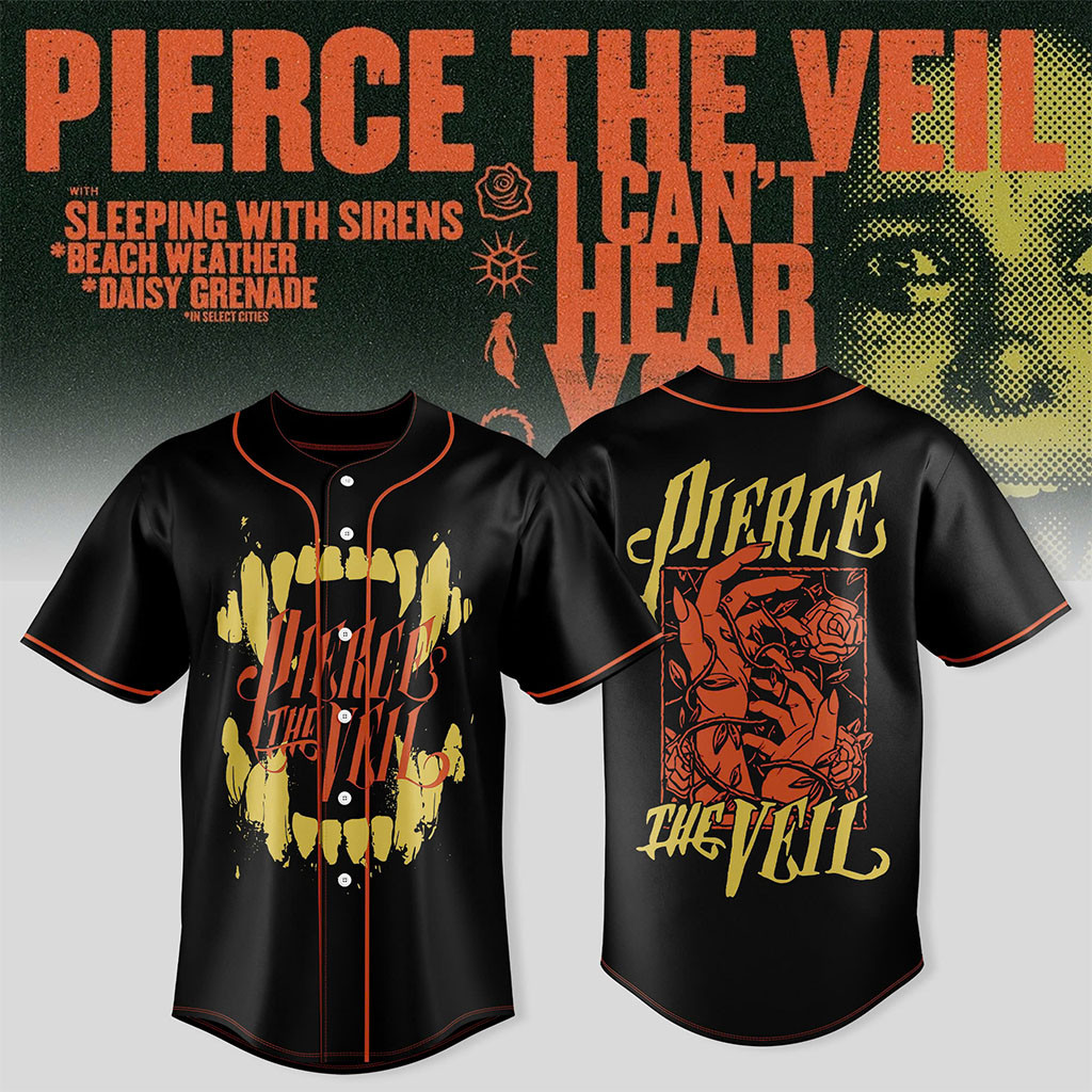 Pierce The Veil I Can't Hear You World Tour Australia 2026 Baseball Jersey Pierce The Veil Merch - Kdjoy Pierce The Veil I Can't Hear You World Tour Australia 2026 Baseball Jersey Pierce The Veil Merch - Kdjoy