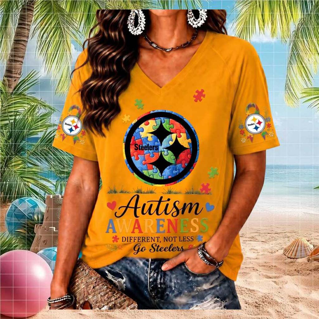 Pittsburgh Steelers Autism Awareness Puzzle Piece V-Neck Shirt Pittsburgh Steelers Merch - Kdjoy