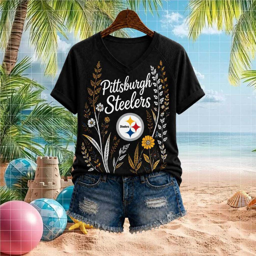 Pittsburgh Steelers Floral Boho V-Neck Shirt Womens Game Day Outfits Steelers Merch - Kdjoy