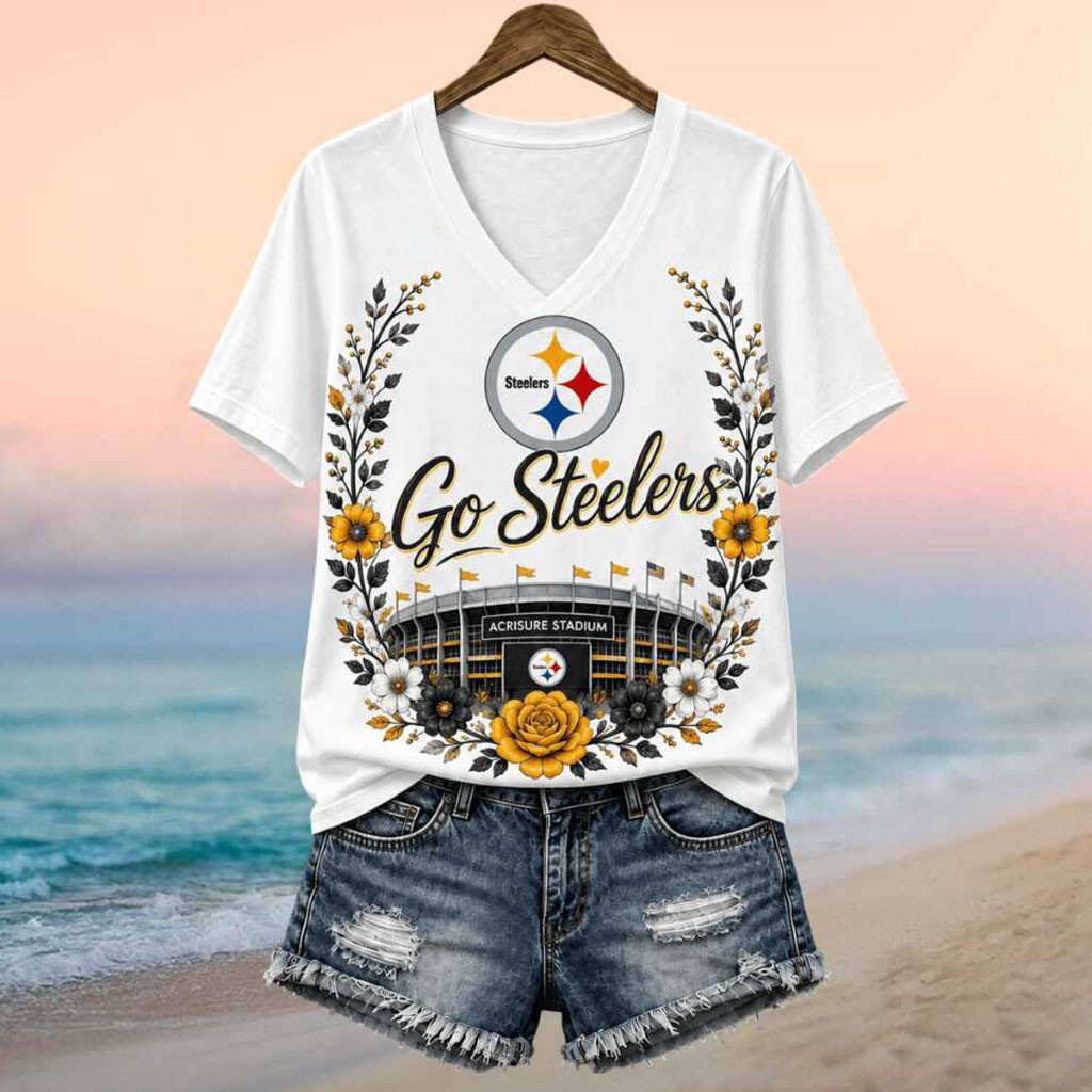 Pittsburgh Steelers Football Team Acrisure Stadium Floral Wreath V-Neck Shirt Steelers Merch - Kdjoy