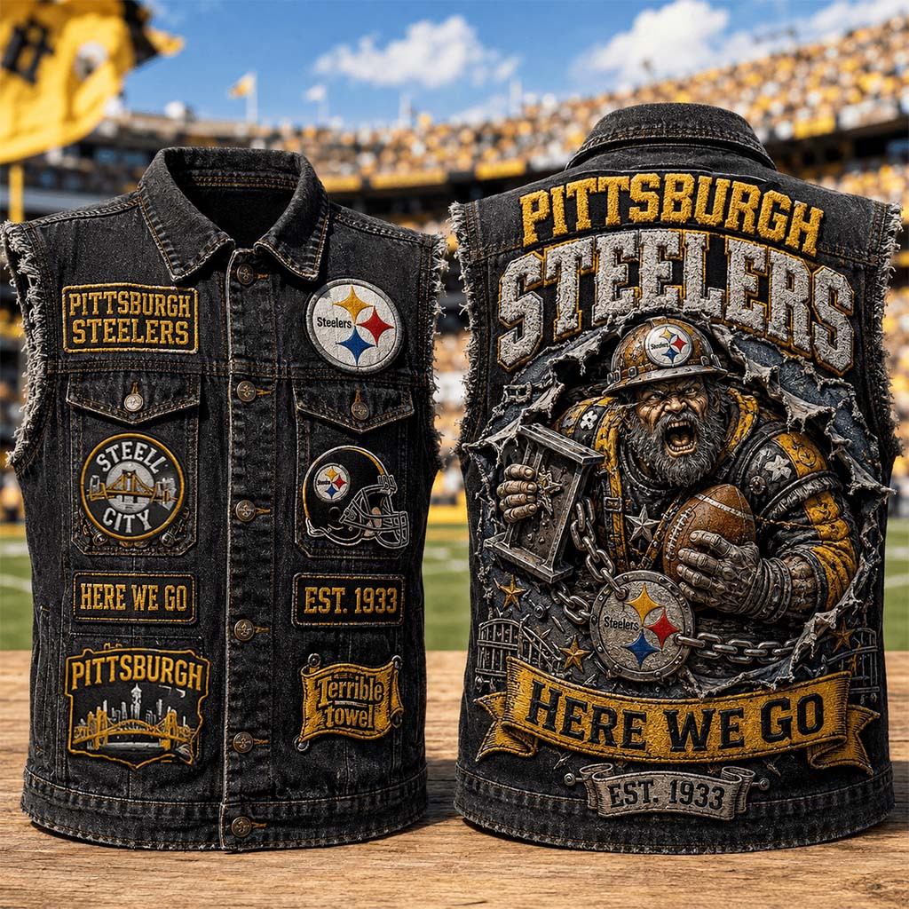 Pittsburgh Steelers Here We Go Est 1933 Denim Vest Steelers Merch Presents For Football Lovers - Kdjoy Pittsburgh Steelers Here We Go Est 1933 Denim Vest Steelers Merch Presents For Football Lovers - Kdjoy