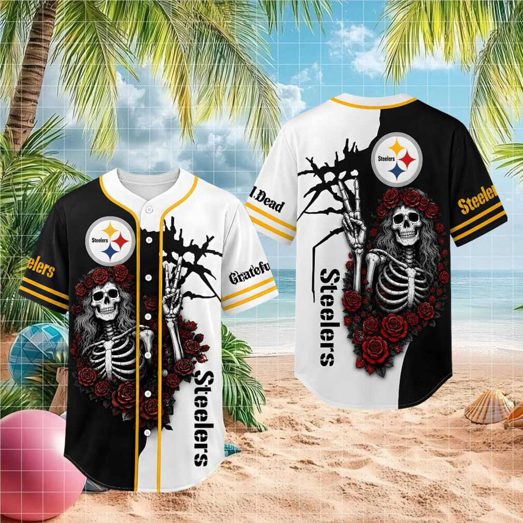 Pittsburgh Steelers Skeleton Grateful Roses Baseball Jersey Steelers Merch Gifts For Father - Kdjoy