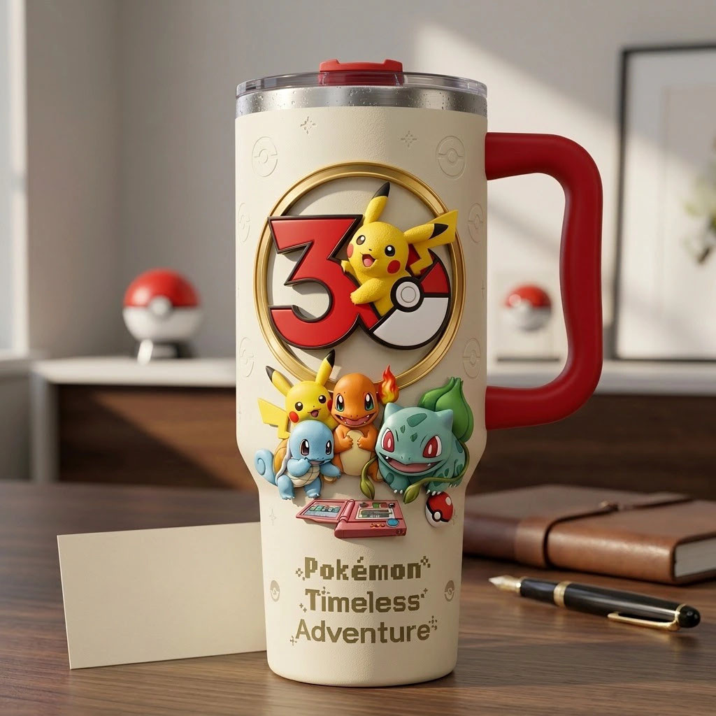Pokemon 30th Anniversary Timeless Adventure Tumbler Pokemon Merch Gift For Son - Kdjoy