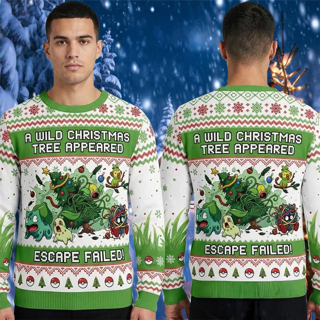 Pokemon Grass Type A Wild Xmas Tree Appeared Escape Failed 2026 Pokemon Ugly Christmas Sweater - Kdjoy Pokemon Grass Type A Wild Xmas Tree Appeared Escape Failed 2026 Pokemon Ugly Christmas Sweater - Kdjoy