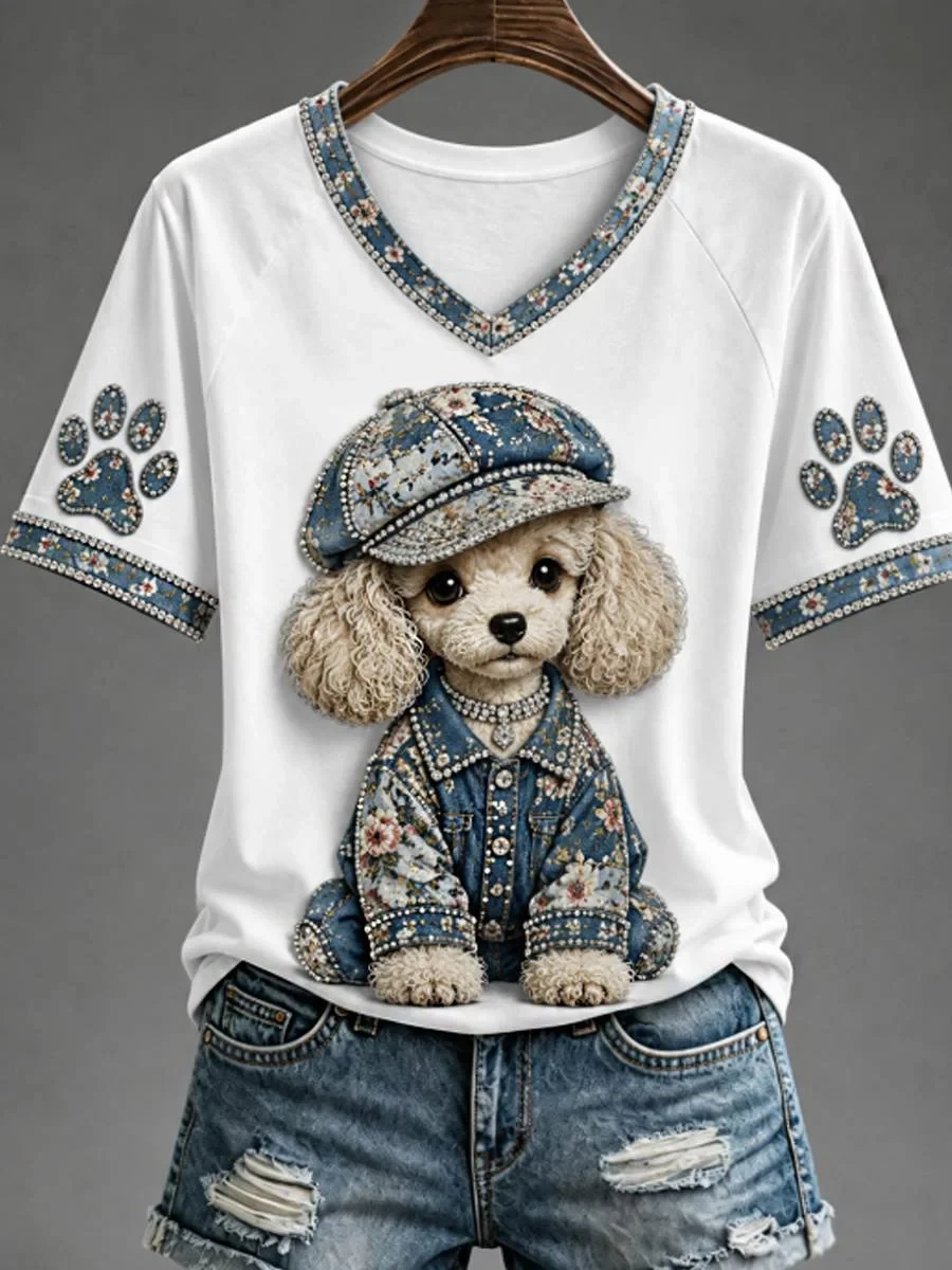 Poodle V-Neck Shirt White Floral Denim Dog Jacket Shirts Best Gift For Poodle Lovers - Kdjoy