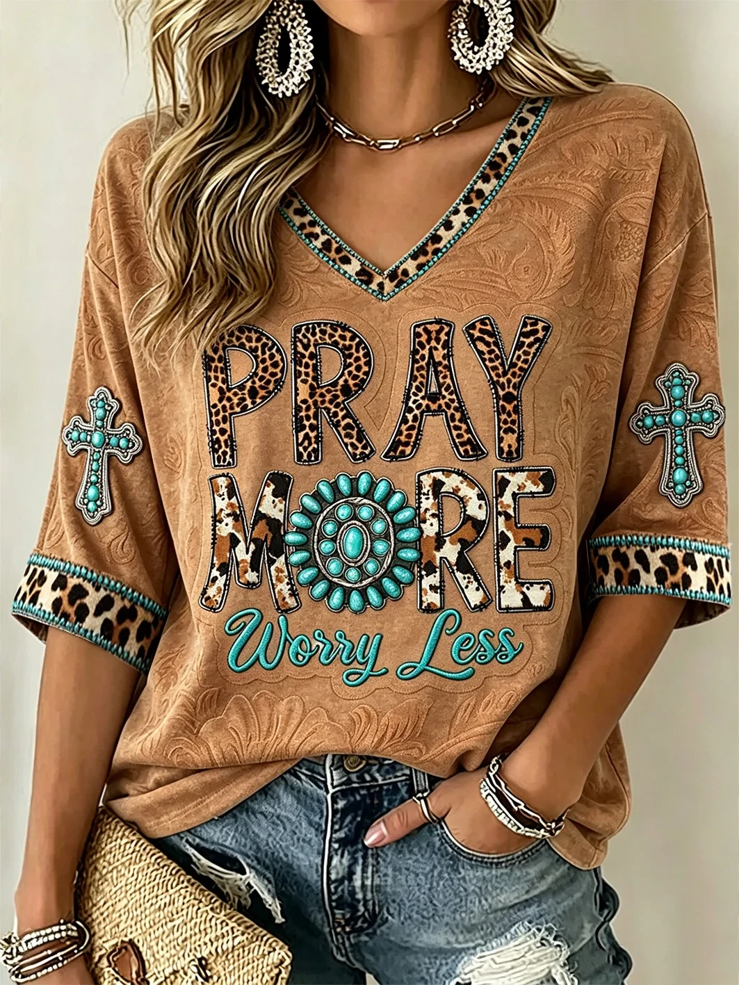 Pray More Worry Less Cropped Sleeve V-Neck Shirt Boho Cowgirl Faith Christian Merch Fan Gift - Kdjoy