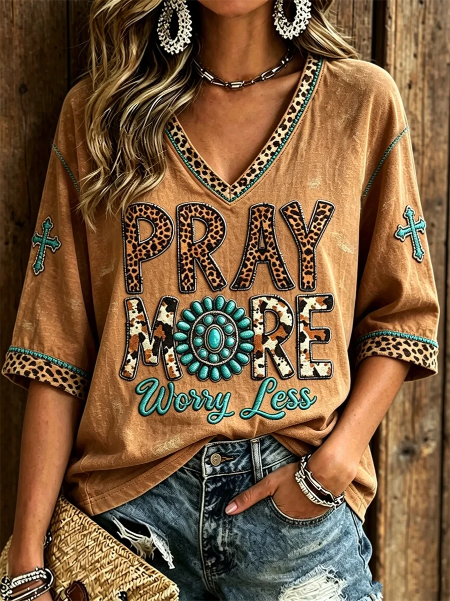 Pray More Worry Less Cropped Sleeve V-Neck Shirt Western Leopard Turquoise Cross Clothing Gift - Kdjoy Pray More Worry Less Cropped Sleeve V-Neck Shirt Western Leopard Turquoise Cross Clothing Gift - Kdjoy
