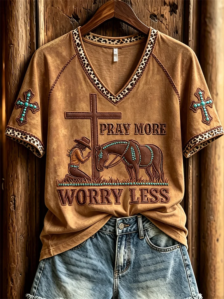 Pray More Worry Less Praying Cowgirl And Horse Western V-Neck Shirt Christian Presents - Kdjoy