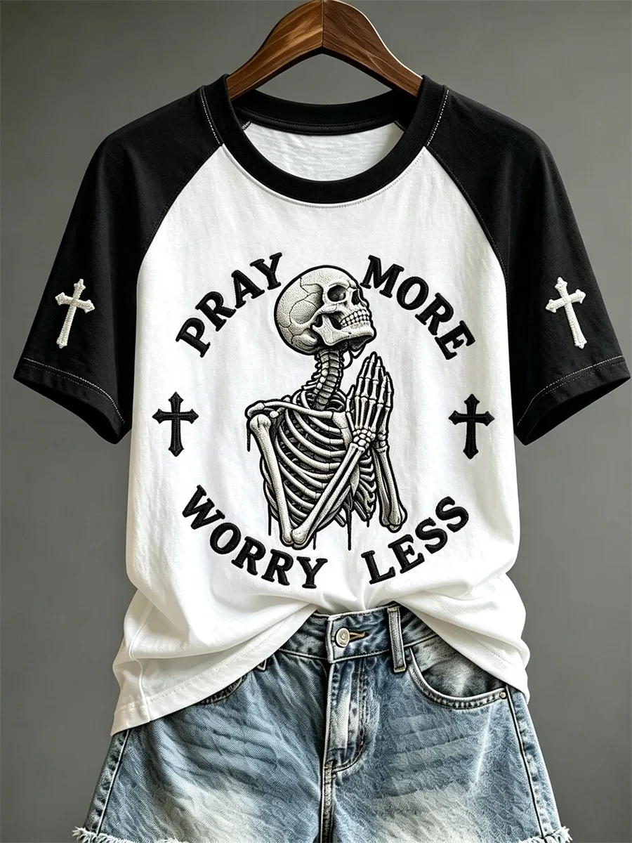 Pray More Worry Less T-Shirt Skeleton Praying Christian Tee Cozy Halloween Gift Ideas - Kdjoy