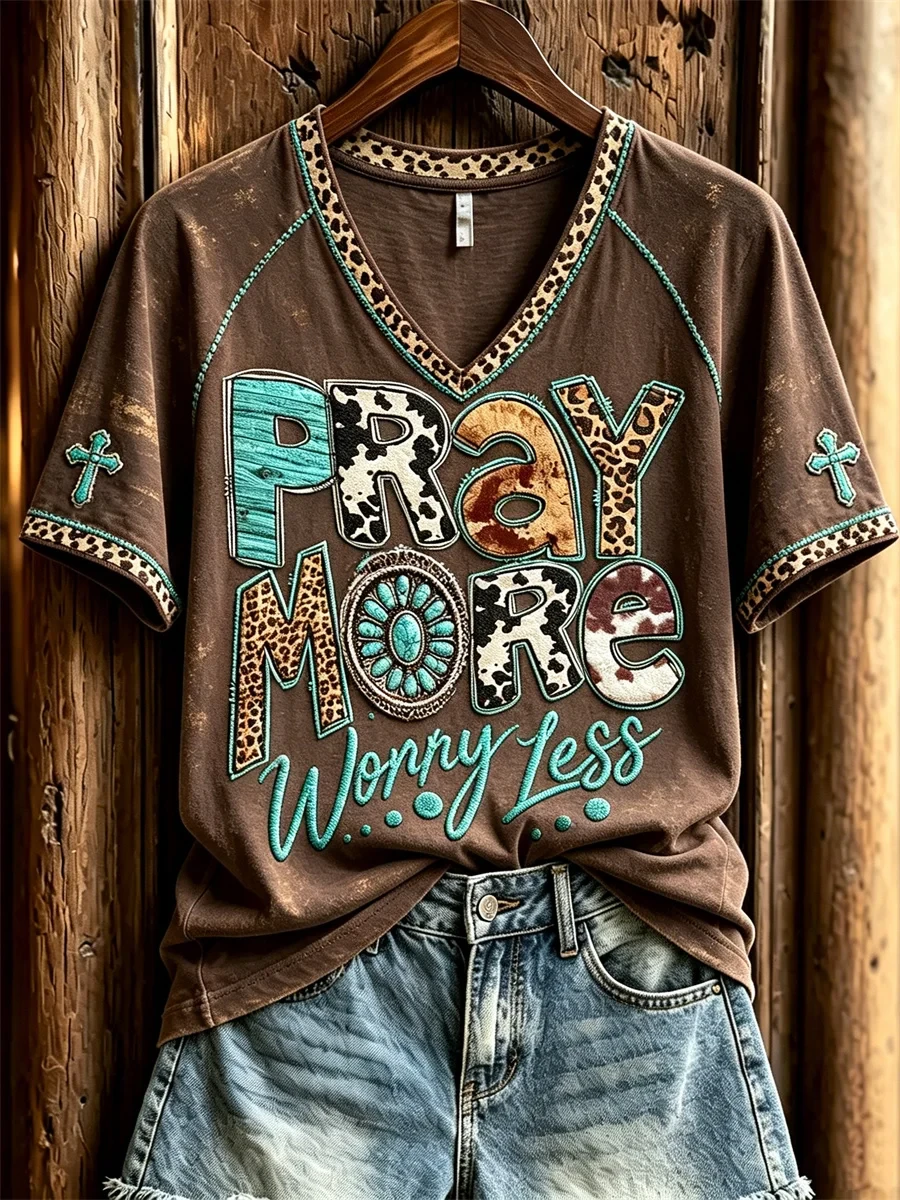 Pray More Worry Less Turquoise Christian Western V-Neck Shirt Gifts For Religious Woman - Kdjoy