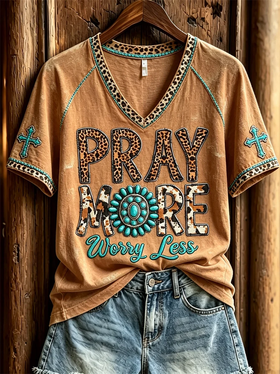 Pray More Worry Less Western Turquoise And Cross V-Neck Shirt Womens Christian Apparel - Kdjoy