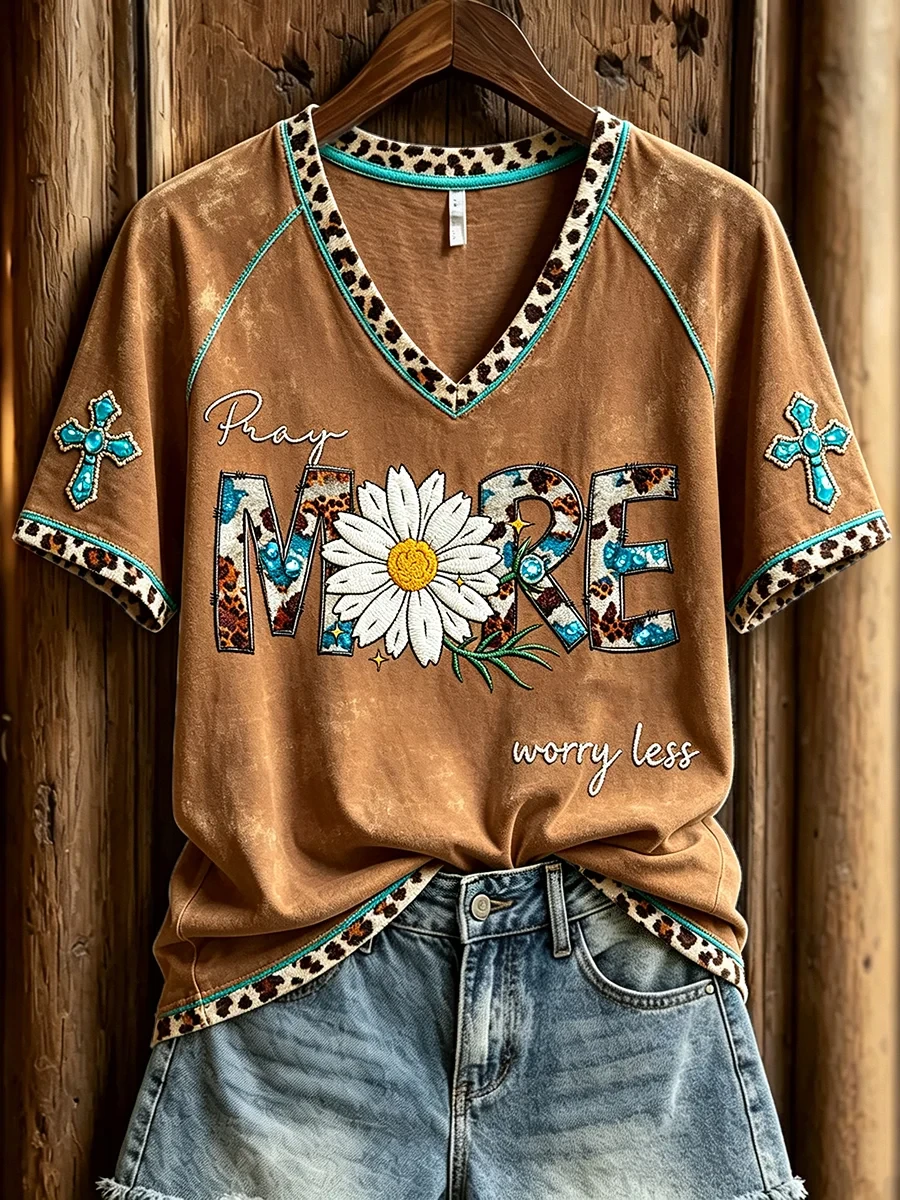 Pray More Worry Less Western V-Neck Shirt Faith Based Apparel Gifts For Cowgirls - Kdjoy Pray More Worry Less Western V-Neck Shirt Faith Based Apparel Gifts For Cowgirls - Kdjoy