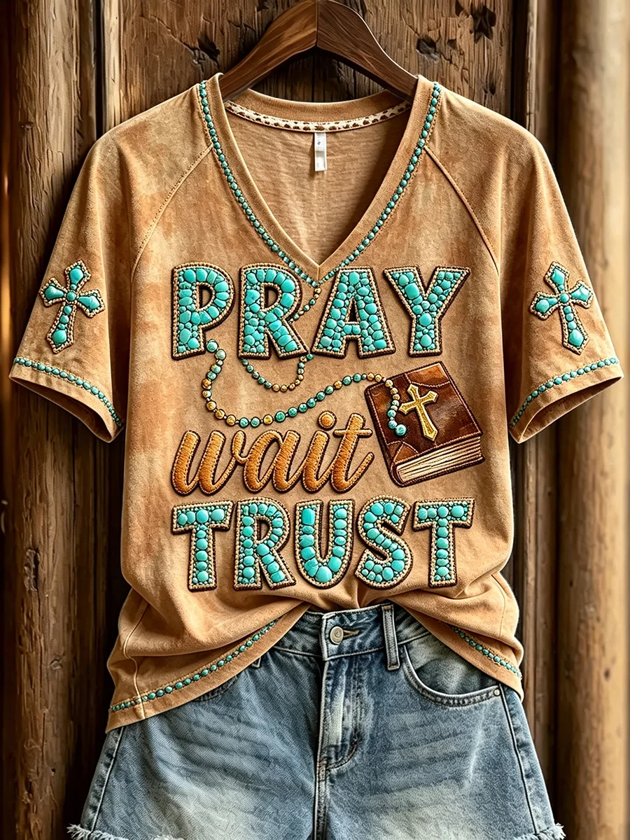 Pray Wait Trust V-Neck Shirt Christian Faith Shirt Unique Gifts For Fans - Kdjoy Pray Wait Trust V-Neck Shirt Christian Faith Shirt Unique Gifts For Fans - Kdjoy