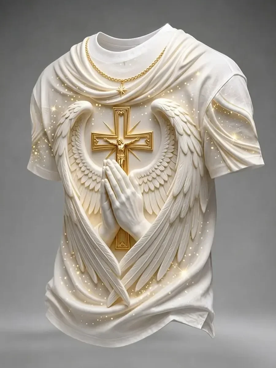 Praying Hands With Cross Wings T-Shirt Religious Faith Shirt Gift Ideas For Him - Kdjoy