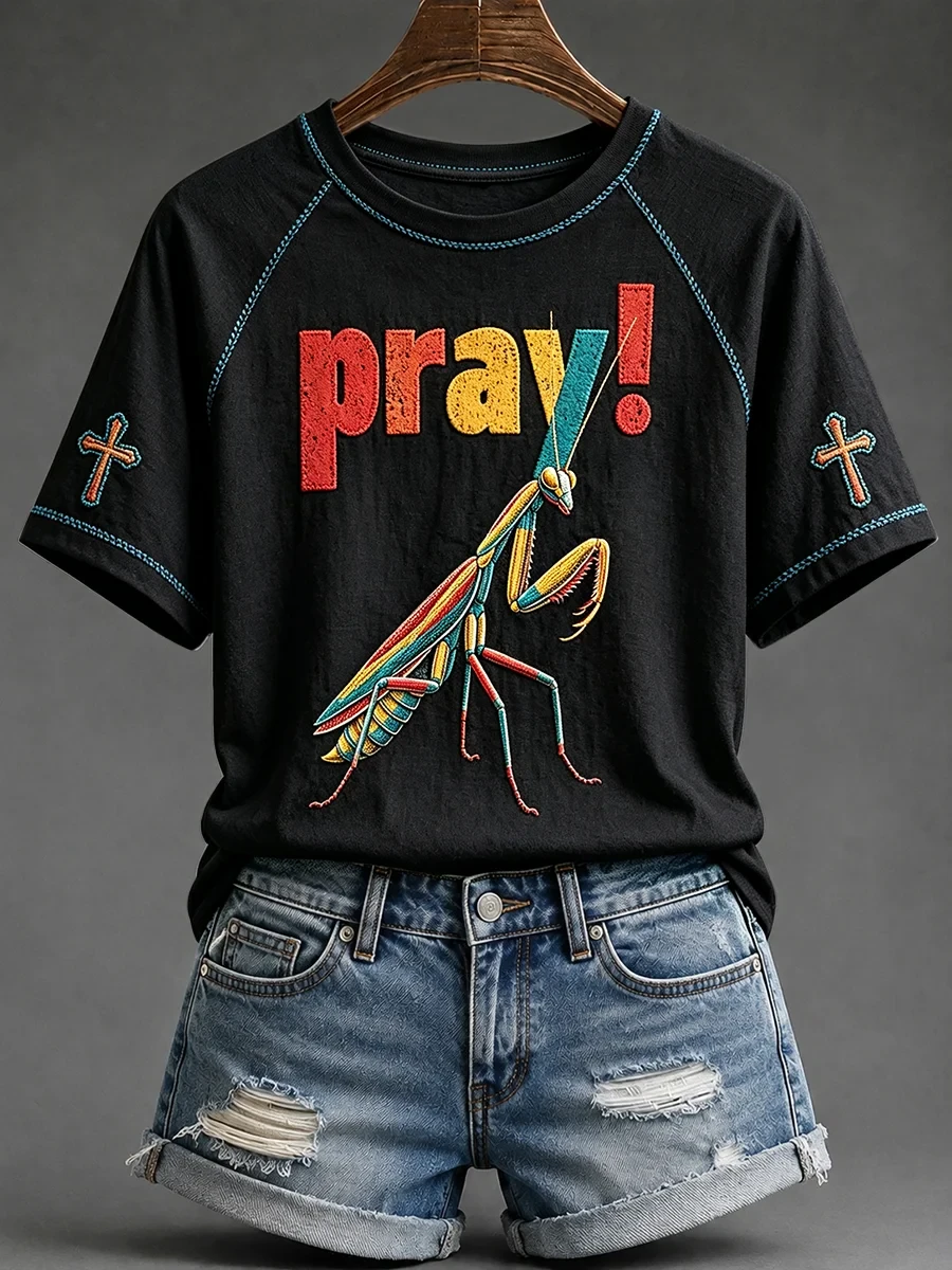 Praying Mantis Cross T-Shirt Elevated Faith Clothing Unique Religious Gifts - Kdjoy