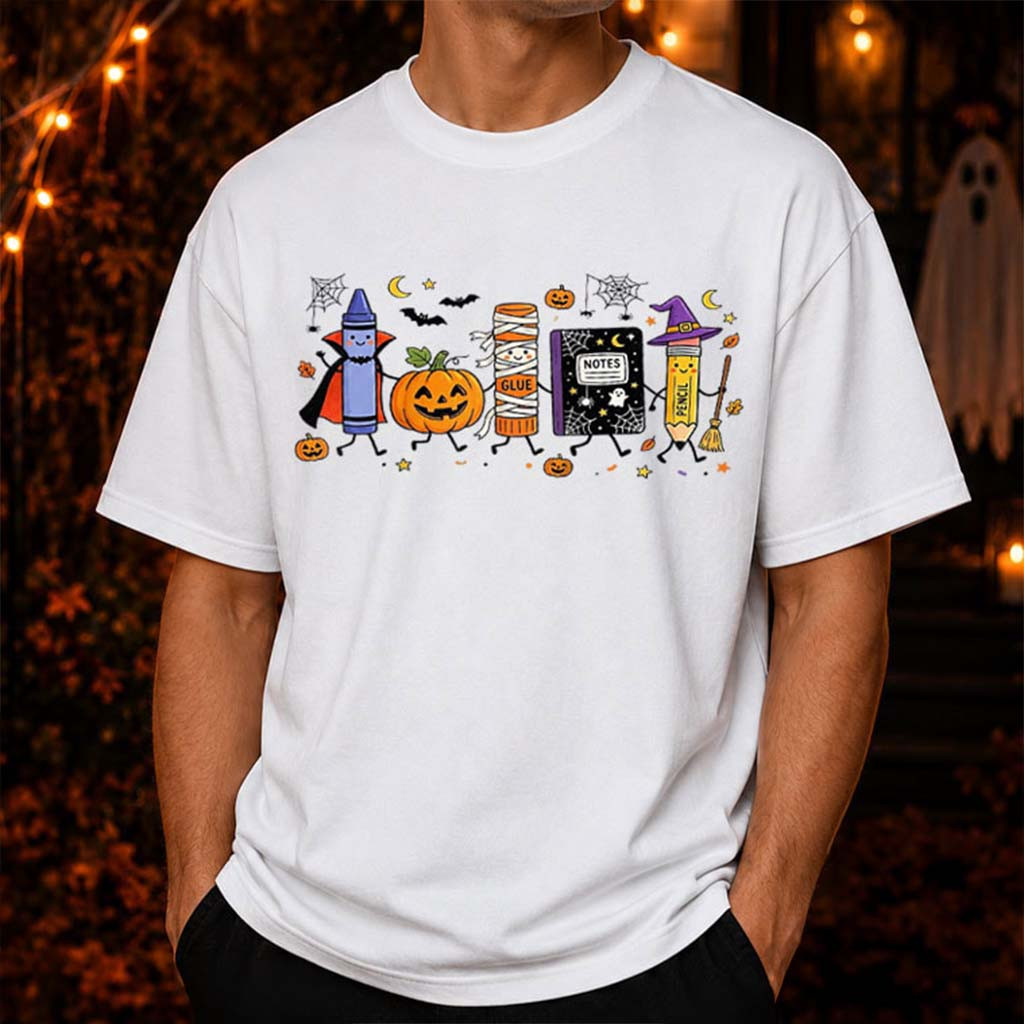 Preppy Halloween Back To School T-Shirt Cute Pencil Notebook Pumpkin Shirt Teacher Gifts - Kdjoy