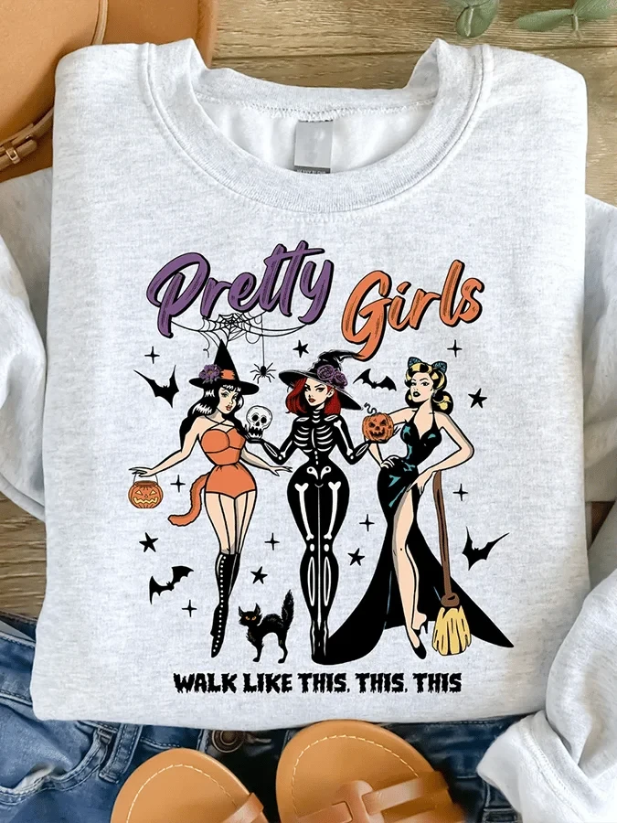 Pretty Girls Wear Black Spooky Witches Sweatshirt Cute Halloween Clothing Gift For Besties - Kdjoy