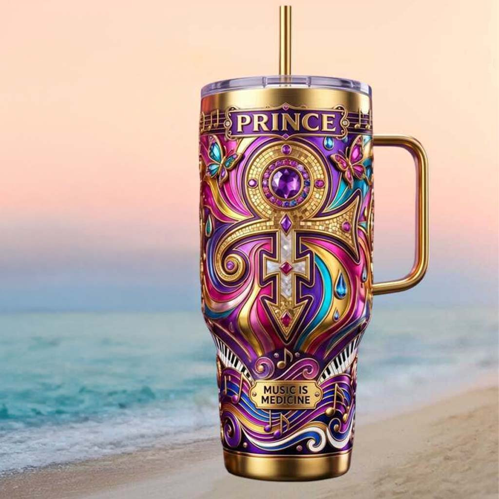 Prince Music Is Medicine Purple Gold Icon Music Tumbler Prince Merch Gifts For BFF - Kdjoy