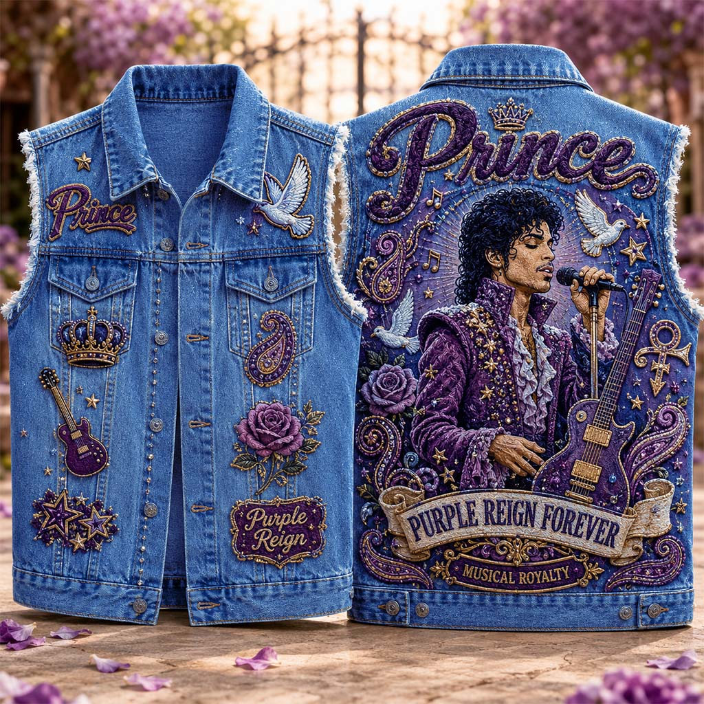 Prince Purple Reign Forever Denim Vest Musical Royalty Prince Merch Gift For Music Lovers - Kdjoy