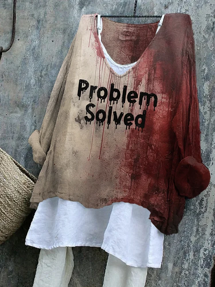 Problem Solved Halloween Blood Pattern Long Sleeve V-Neck Shirt Womens Halloween Apparel - Kdjoy