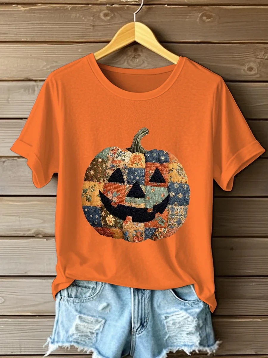 Pumpkin Art Patchwork T-Shirt Halloween Themed Outfits Gift For Women - Kdjoy